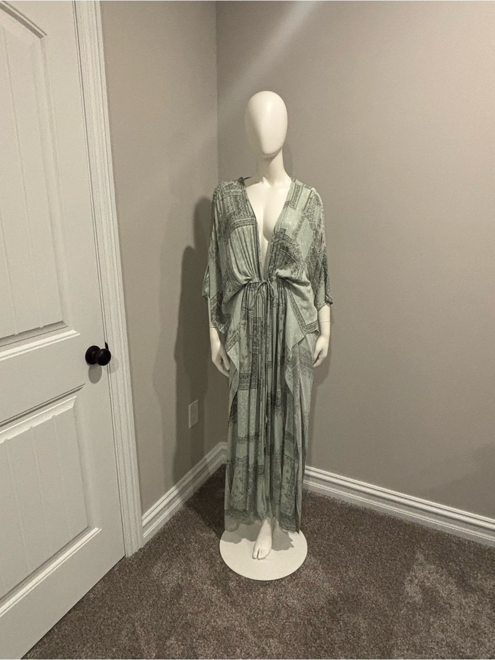 Flowing V-Neck Printed Maxi Kaftan  - Sage Green